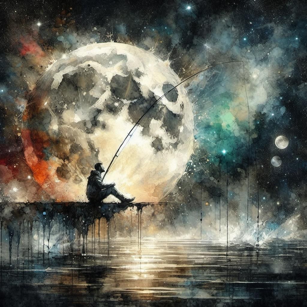 Man Fishing from Moon in Watercolor Art
