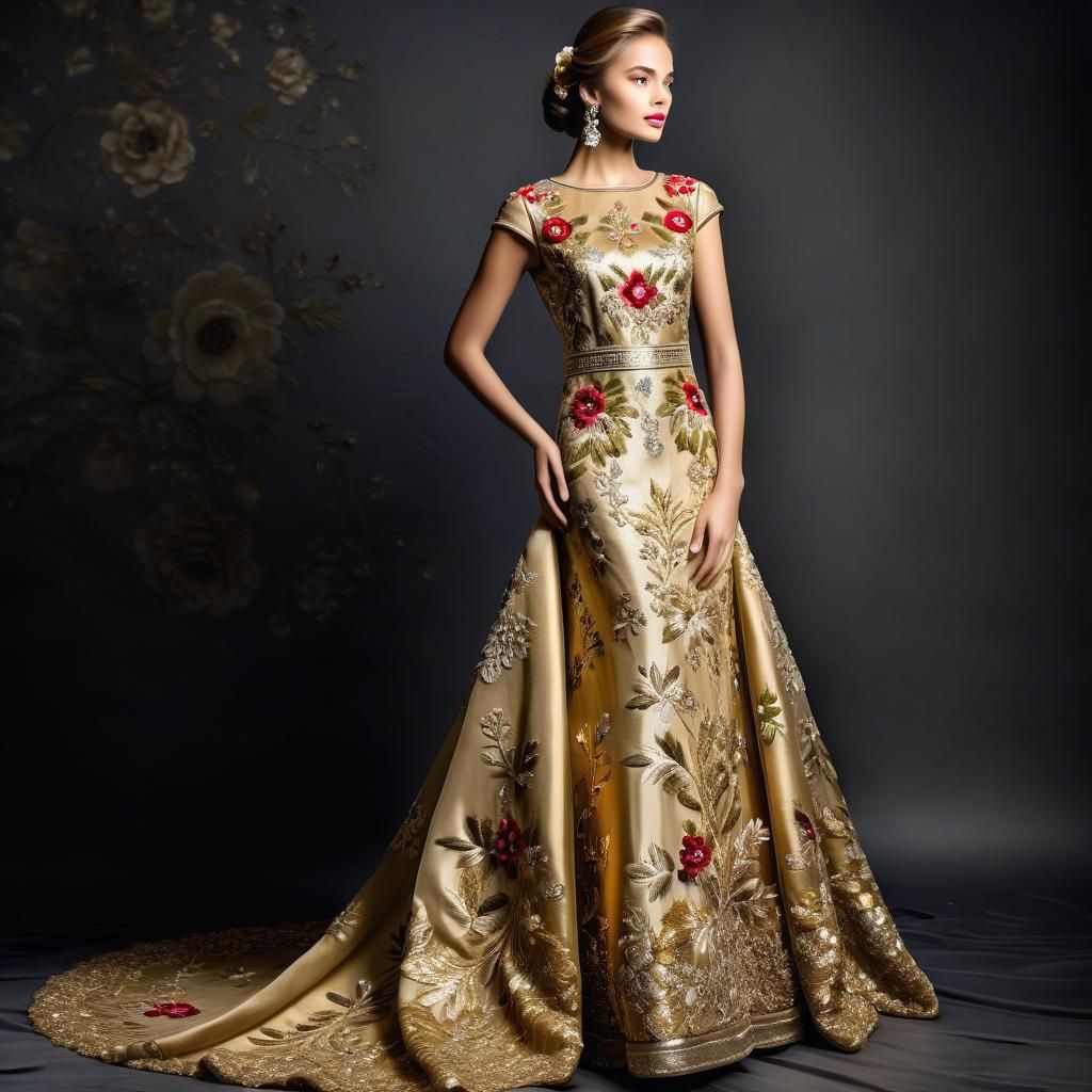 Model in Embroidered Golden Dress with Sequins