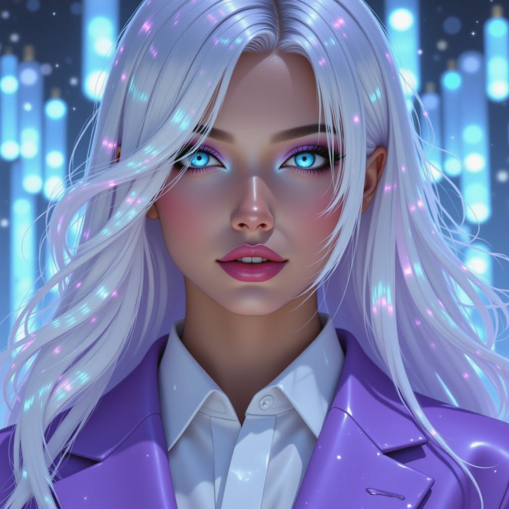 Masculine Man with Silver Hair in Lavender Suit