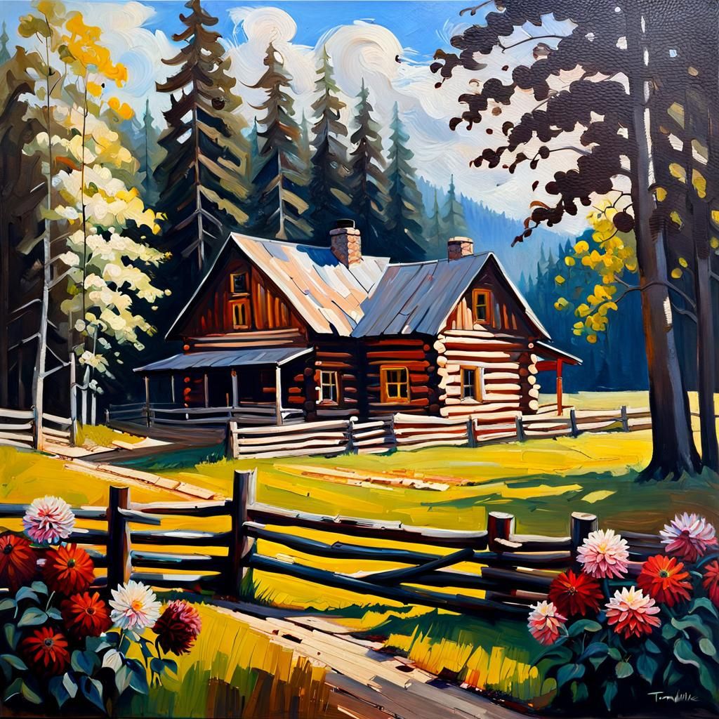 Idyllic Log House Oil Painting with Grazing Cow