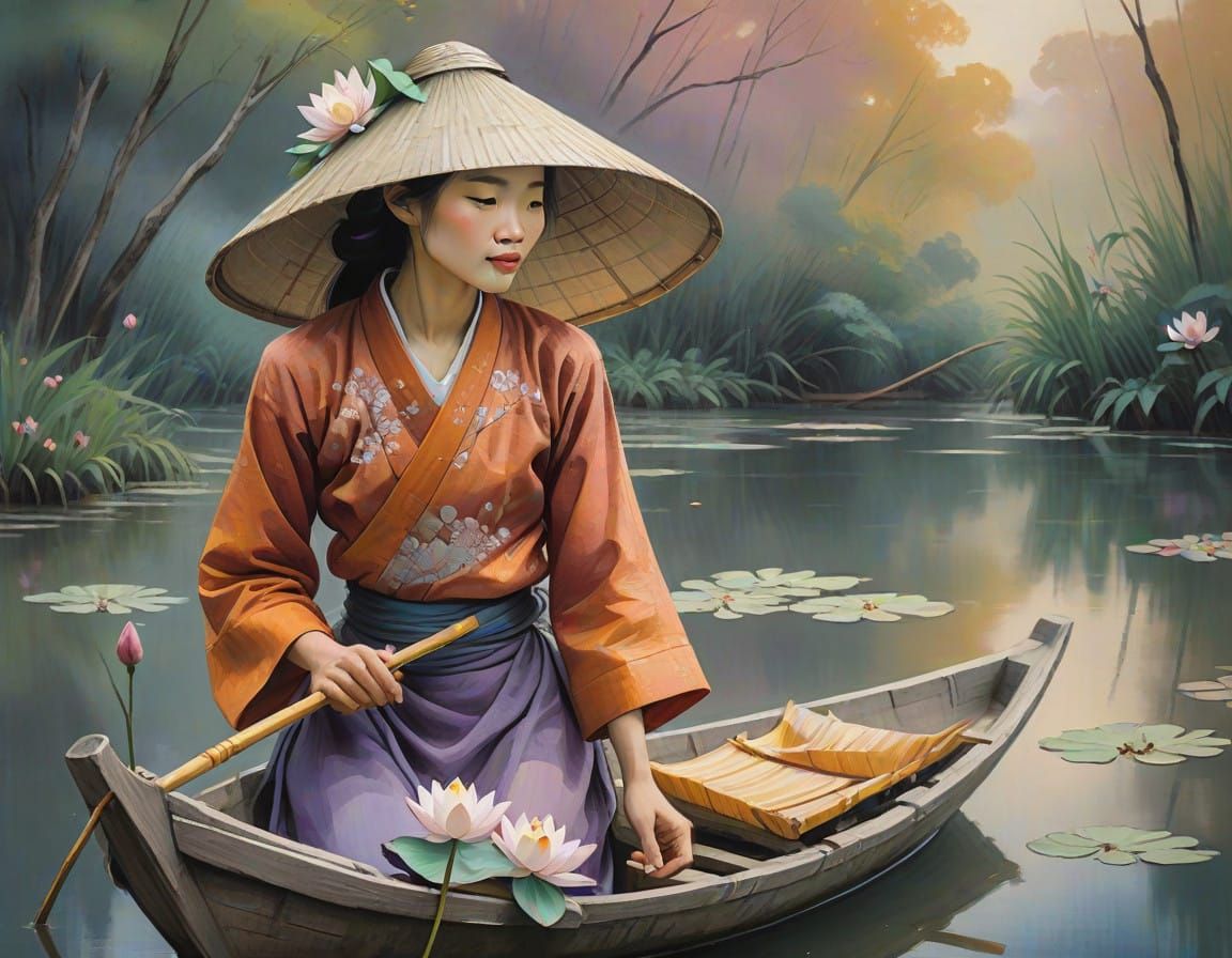 Vietnamese Woman Paddles Lotus Boat Along Serene River in Ne...