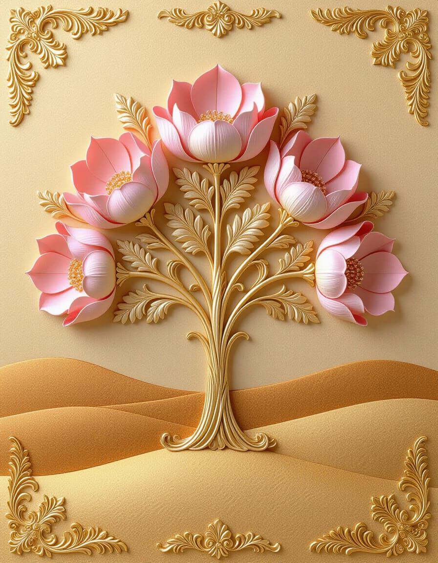 Fantasy Tree with Pink Embroidery on Caramel Landscape