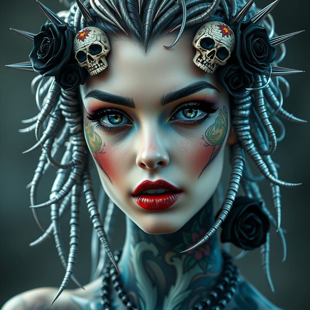 Cyberpunk Woman with Spikes, Skulls and Roses