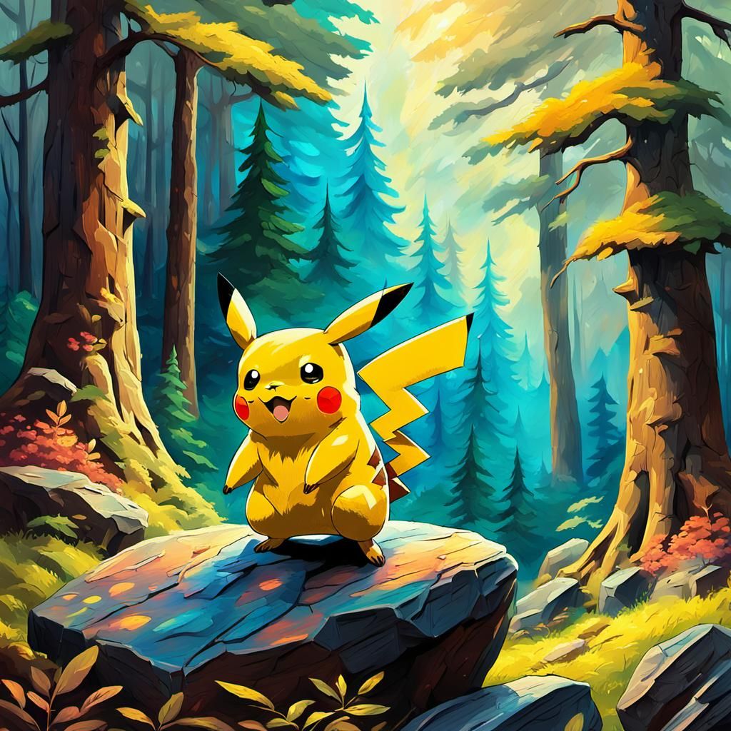 Pikachu Waving in Mystical Forest Painting