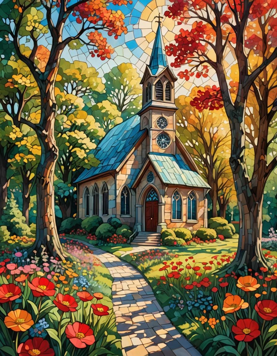 Impressionistic Church with Red Buttercup in Sunlight