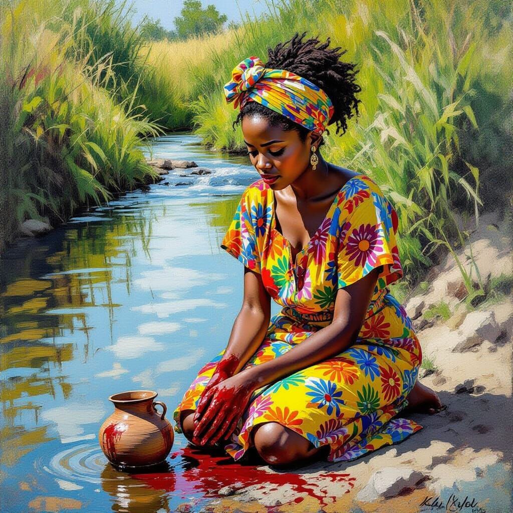 Dramatic Portrait of a Young African Woman by a Stream