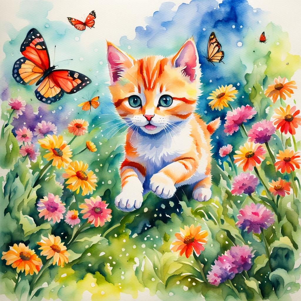 Kitten's Garden: A Vibrant Watercolor Painting