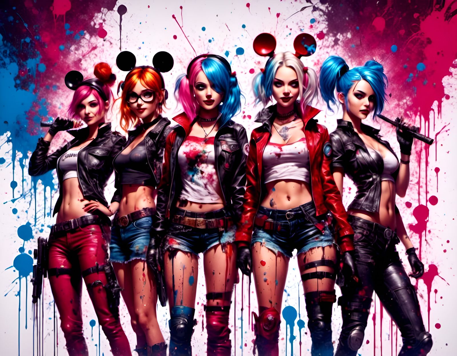 Five Harley Quinns in Graffiti Cartoon Style