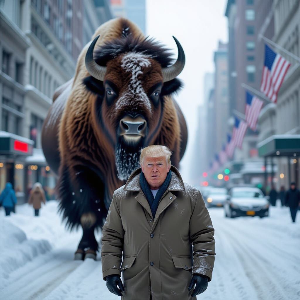 Trump and Bison in Blizzard, Hyperrealistic Photo