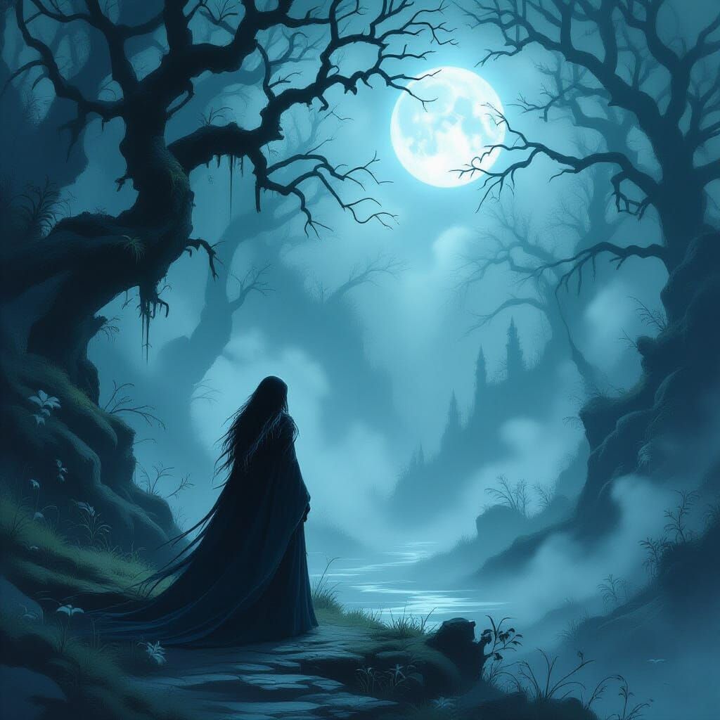 Solitary Witch in Moonlit Forest, Fantasy Concept Art