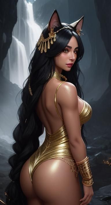 Egyptian Cat Goddess in Desert Landscape, Hyperdetailed