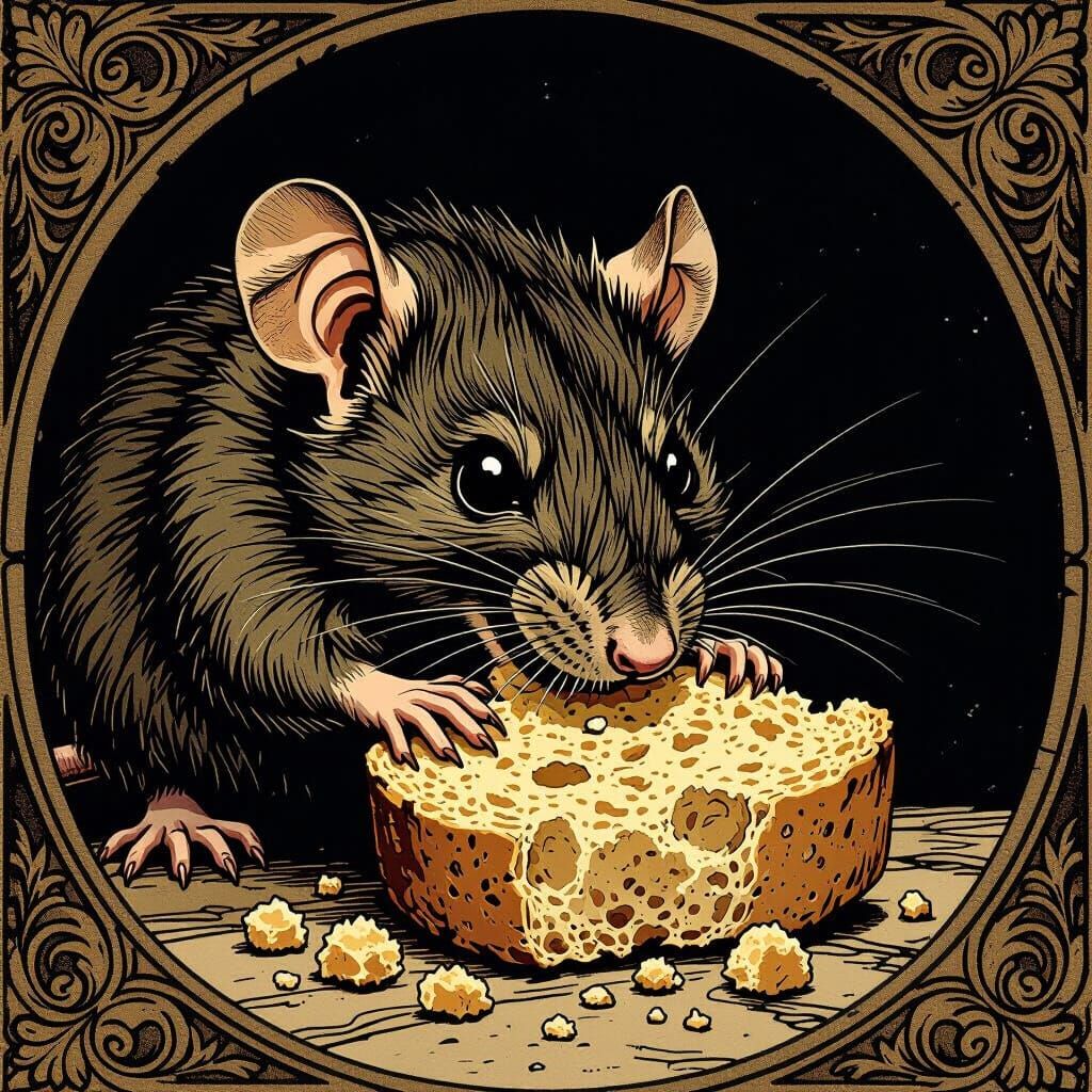 Feral Rat Greedily Eats Breadcrumb in Art Nouveau Style