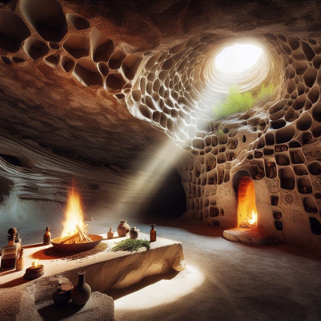 Cliffside Dwelling with Sunlight and Herbs