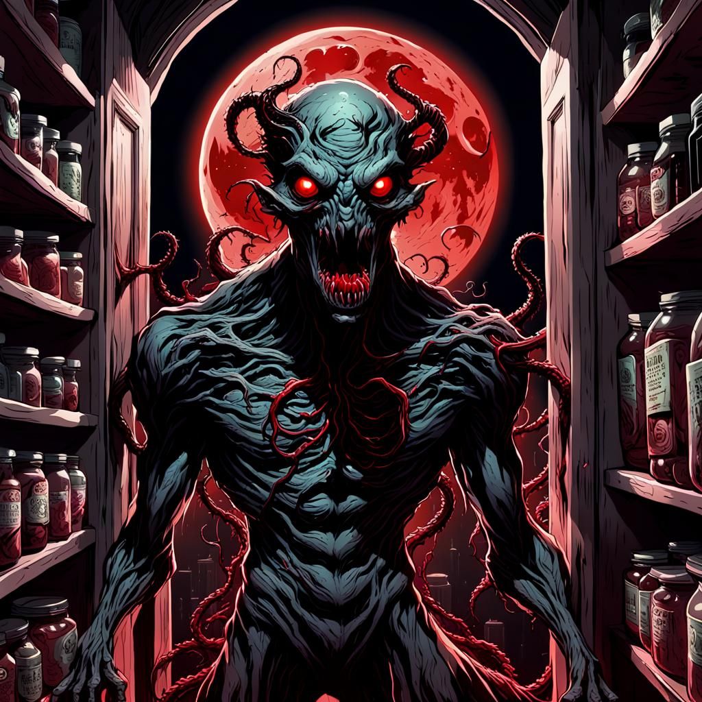 Eldritch Horror in a Dark Red Moonlit Pantry