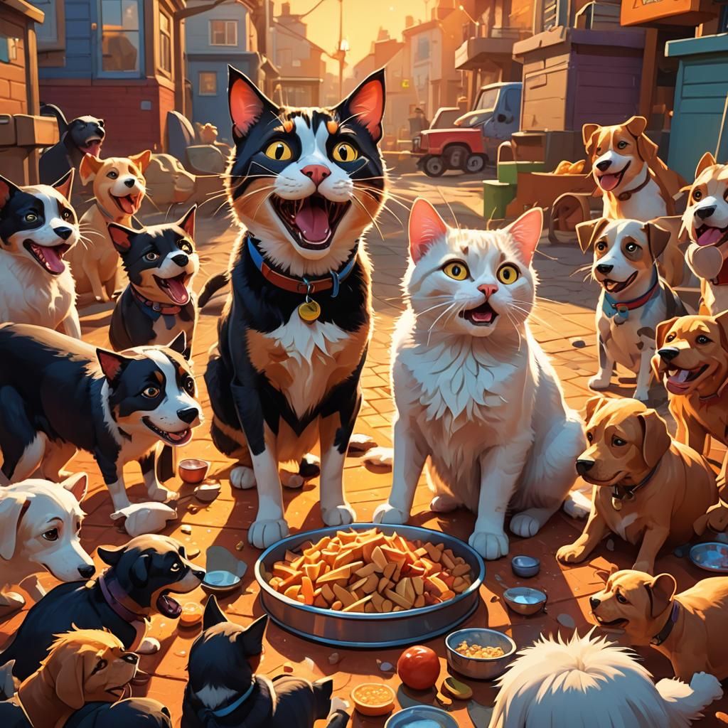 Cat Feeding Dogs: Vibrant 3D Cartoon Concept Art