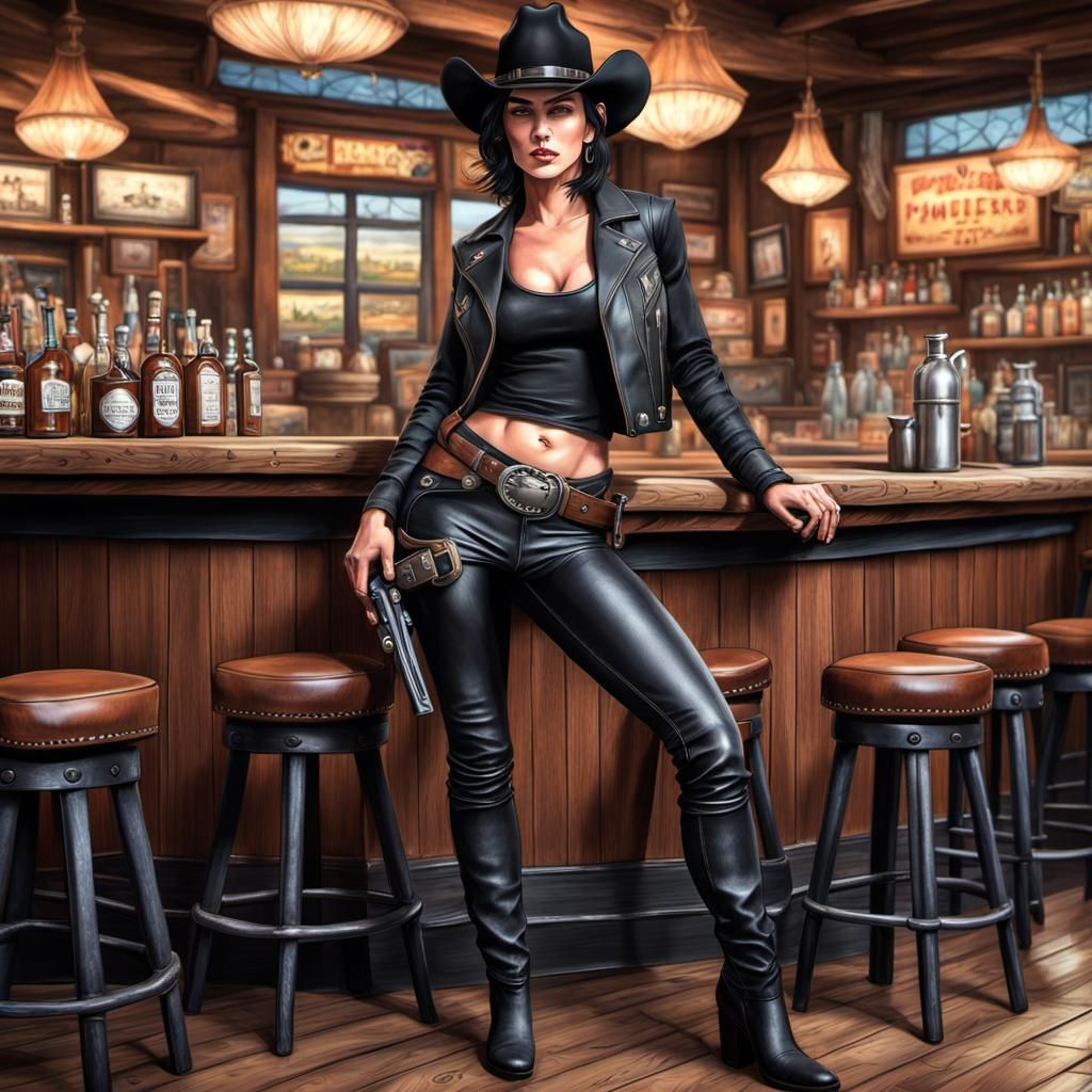 Hyperrealistic Cowgirl in Saloon with Leather Outfit