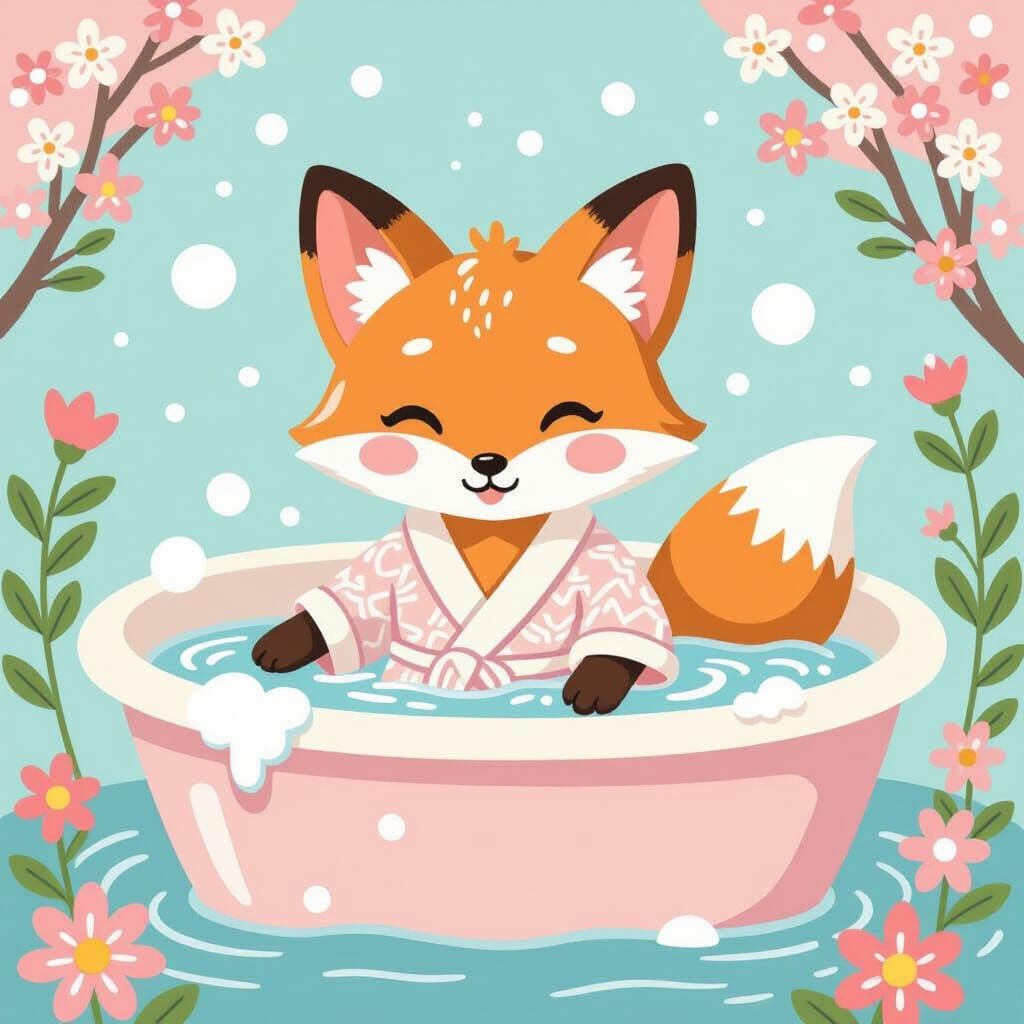 Cartoon Fox Relaxing in Bubble Bath Sanrio Style