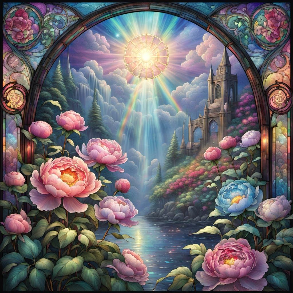 Art Nouveau Stained Glass With Iridescent Flowers