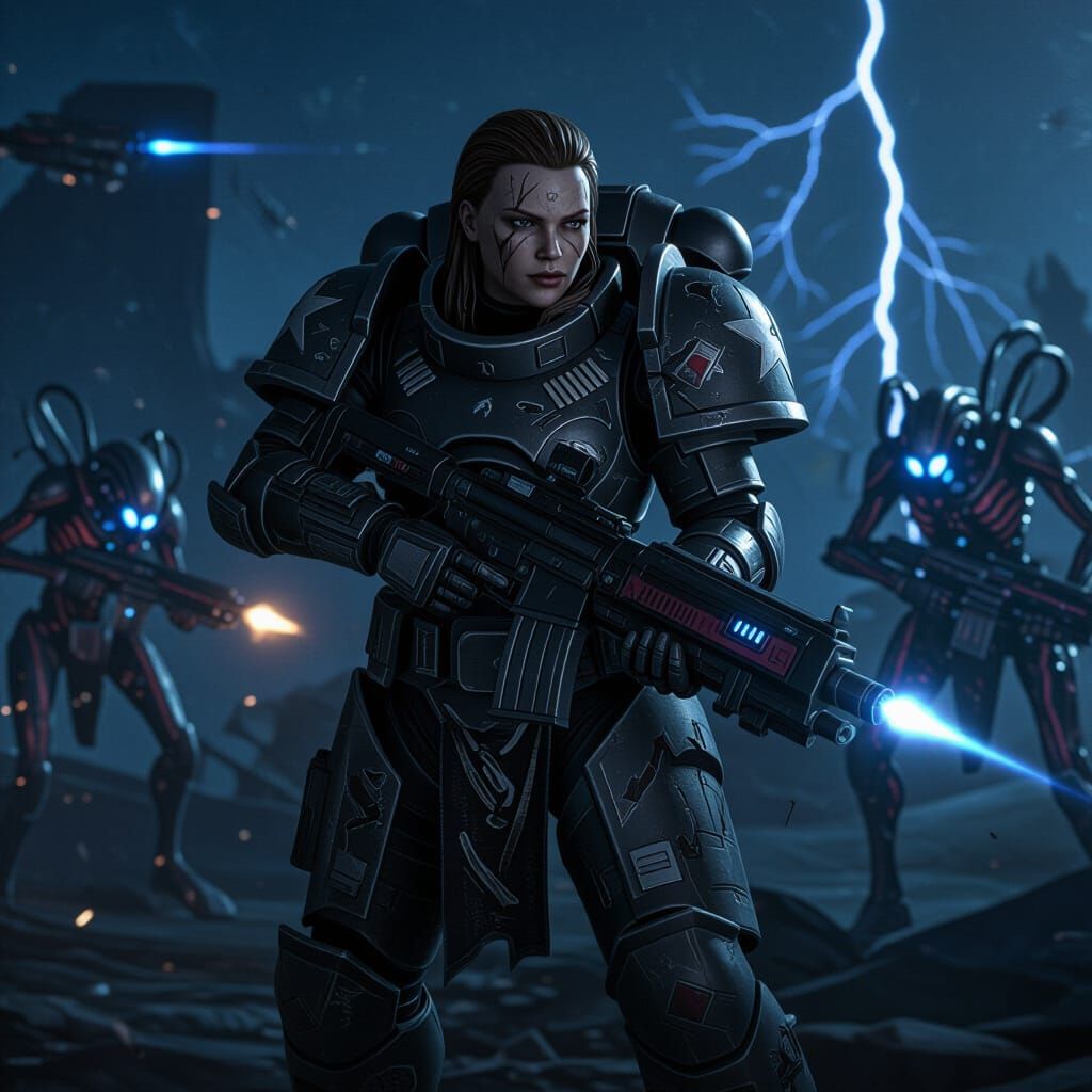 Female Space Marine Ready for Battle in Dark Alien Battlefie...