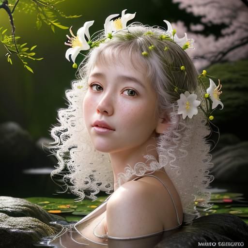 Japanese Garden with Woman and Plum Blossoms