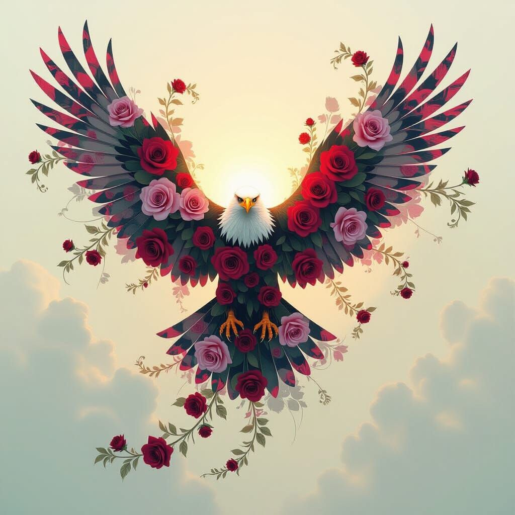 Eagle Silhouette Filled with Roses in Surreal Painterly Styl...