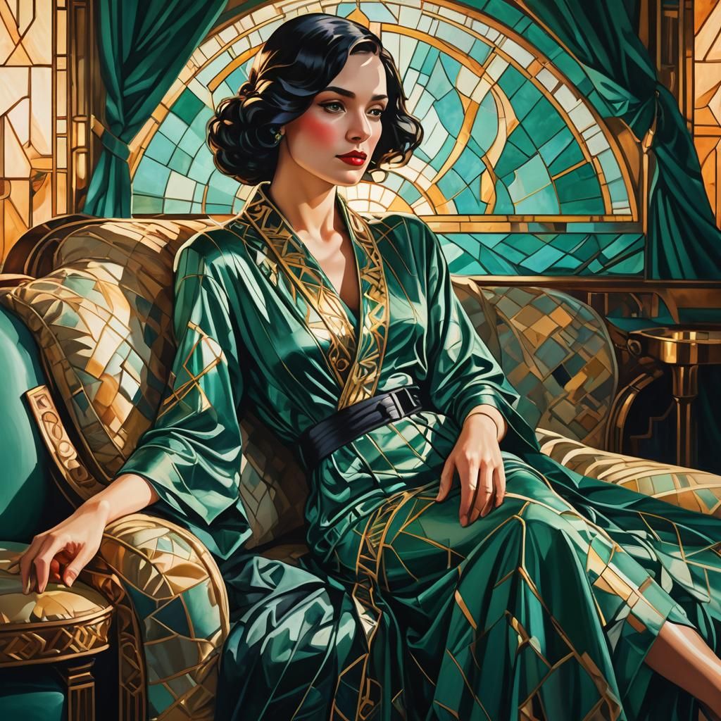 Art Deco Woman in Emerald Robe by Tiffany Light