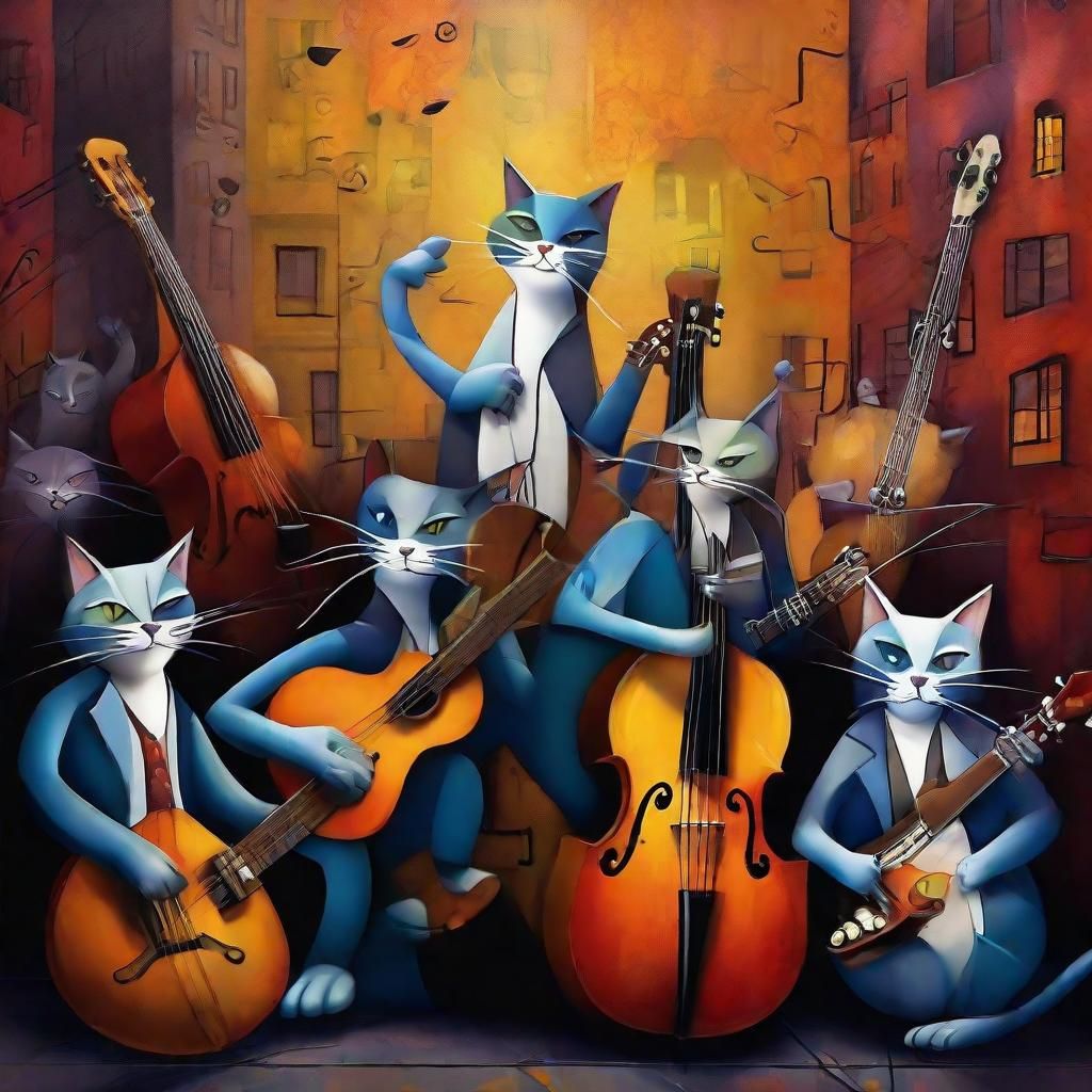 Cats Playing Jazz Guitar in Club, Eric Waugh Style