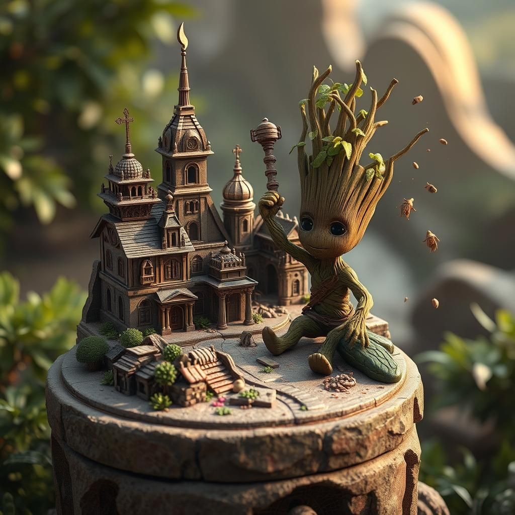 Groot Destroys Miniature City: Hyper-Realistic 3D Art
