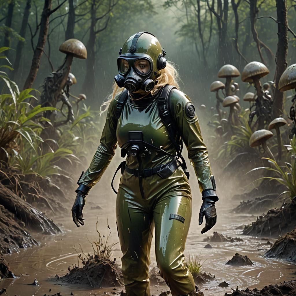 Hyperrealistic Woman in Latex Jumpsuit in Muddy Landscape