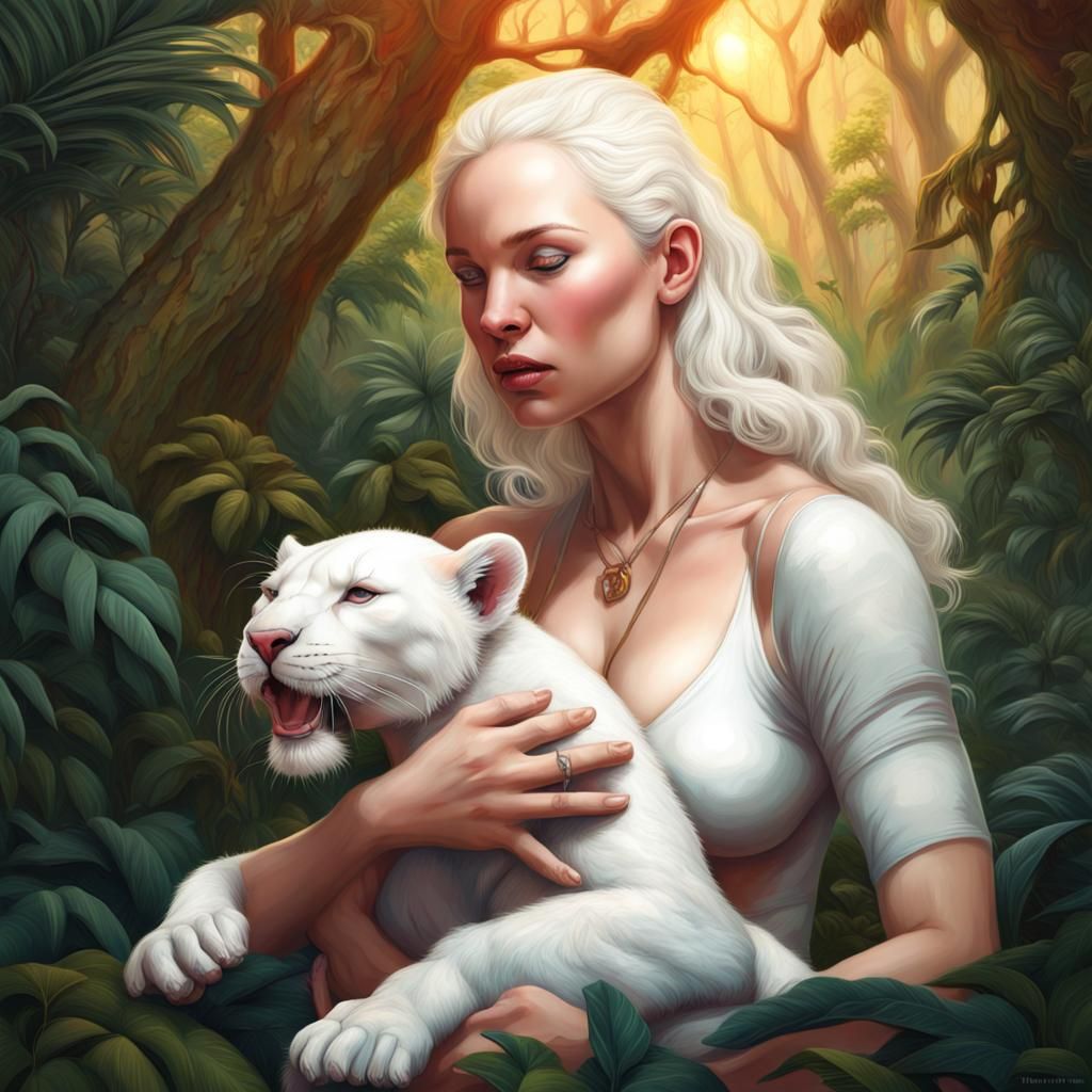 Albino Woman Breastfeeding Panther Cub in Jungle