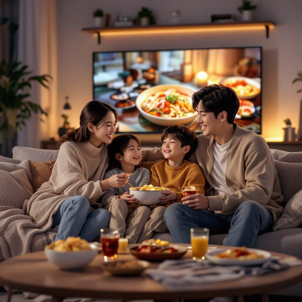Family Absorbed in Korean Food Drama on TV