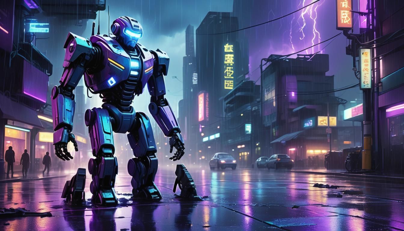 Glowing Robot in Rainy Cyberpunk Cityscape