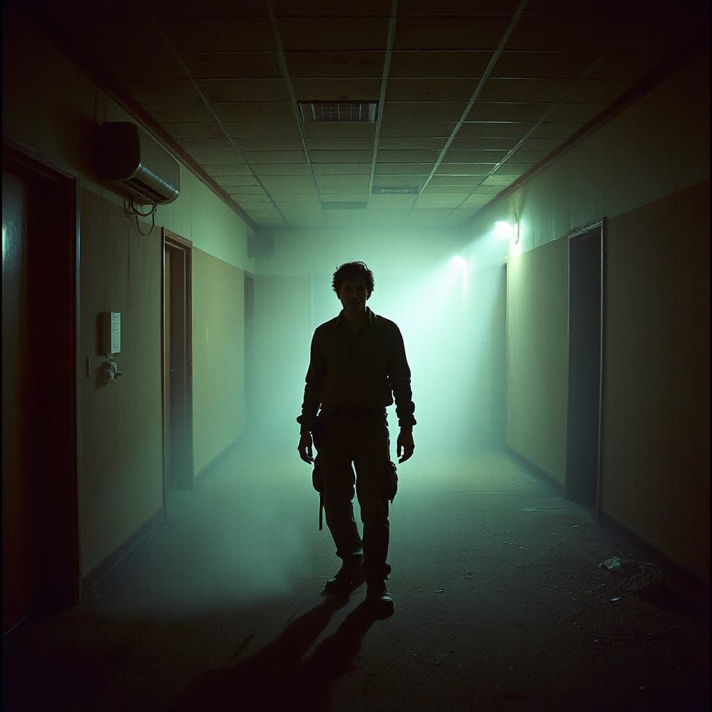 Mysterious Figure in Dimly Lit Environment: Cinematic Film S...