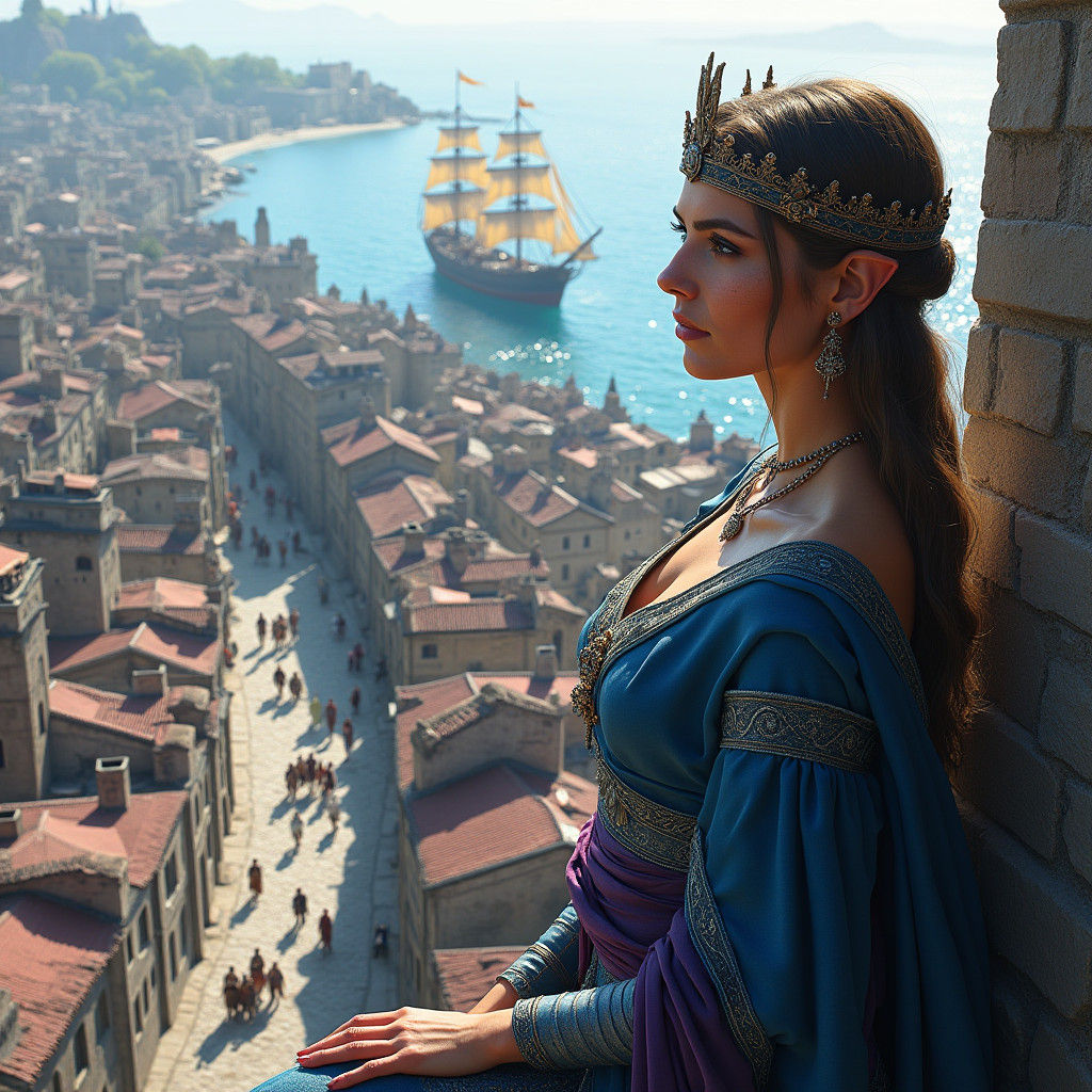Half-Elf Queen Overlooking Port City, Matte Painting