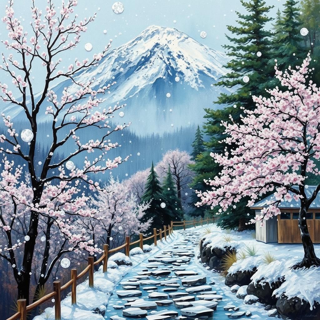 Snowflakes Falling in Yoshino: Neo-Impressionist Oil Paintin...