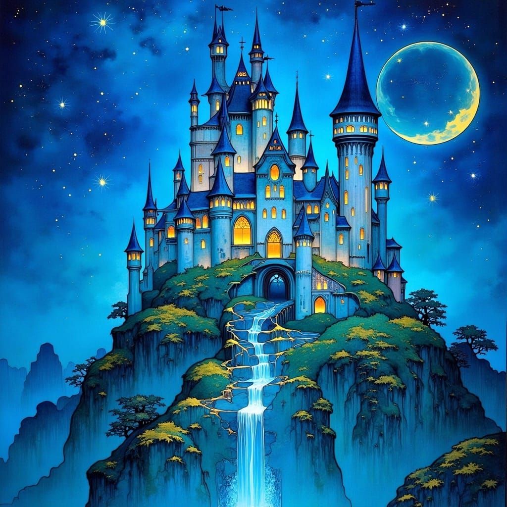 Bioluminescent Fantasy Castle in Art Nouveau Style