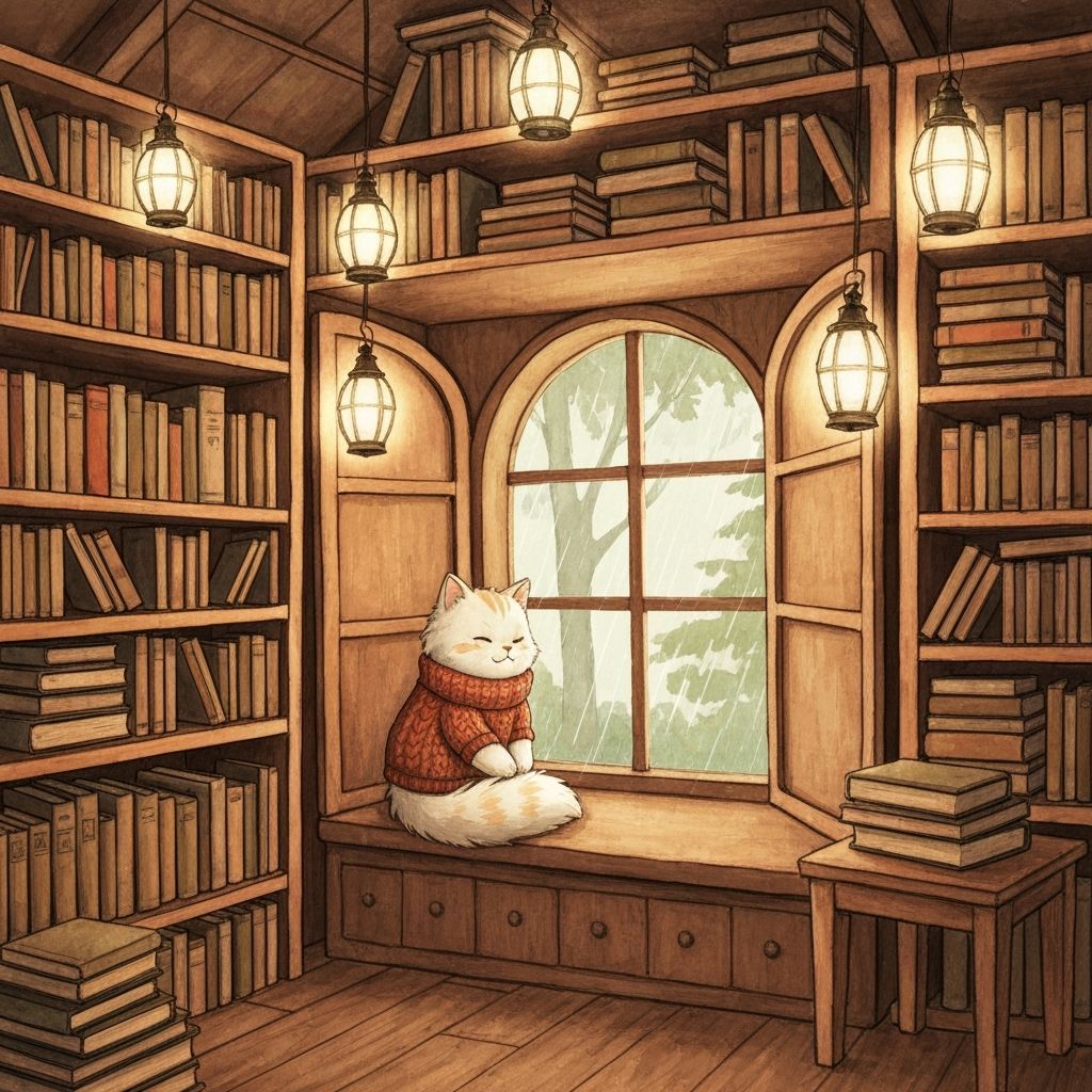 Enchanted Treehouse Interior with Anthropomorphic Cat