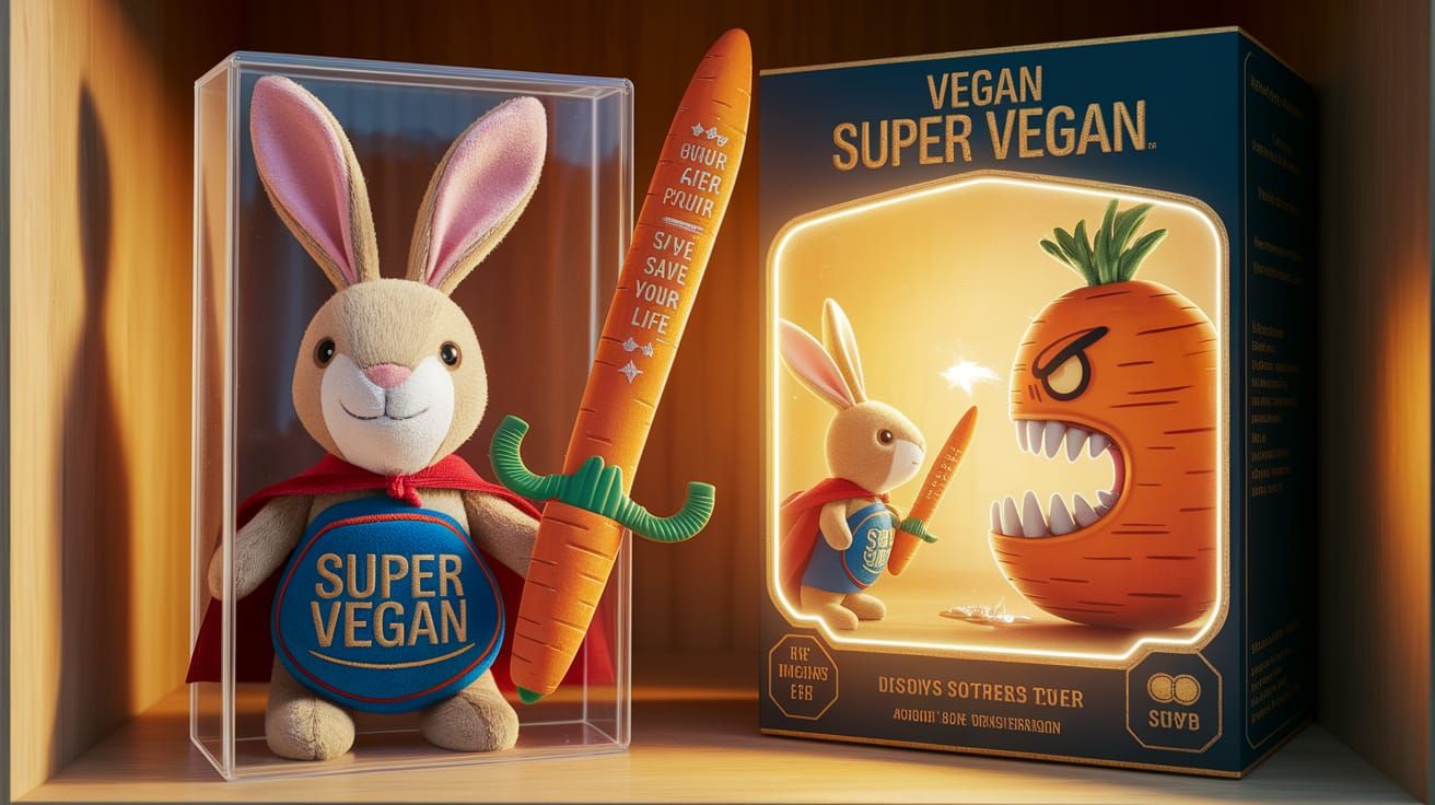 Vegan Rabbit with Carrot Sword in a Whimsical Wooden Setting