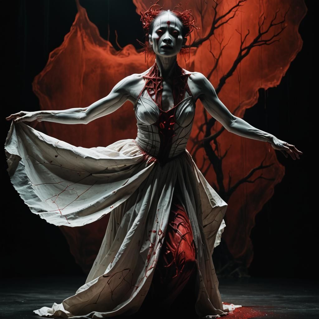 Expressive Butoh Dancer in Surrealist Theatre Setting