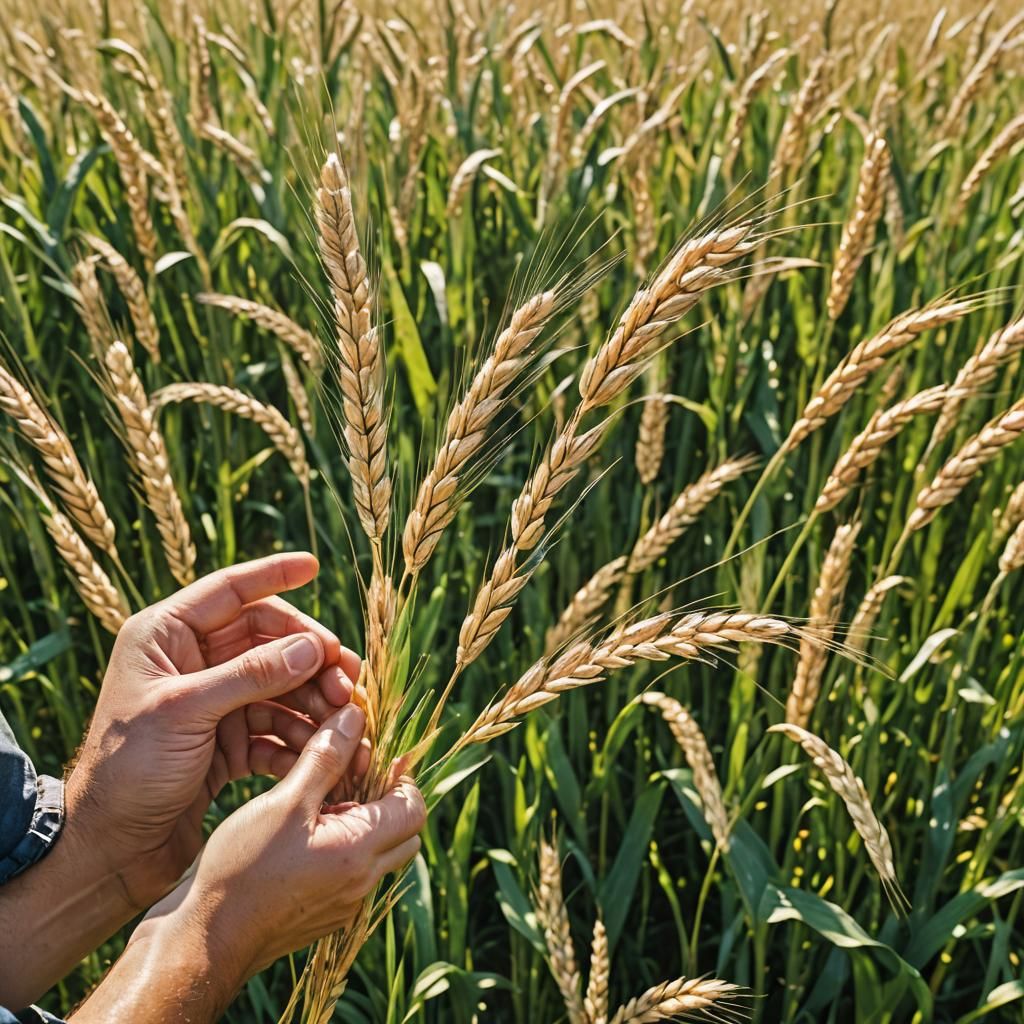 Farmer Holding Ripe Wheat in Summer Field