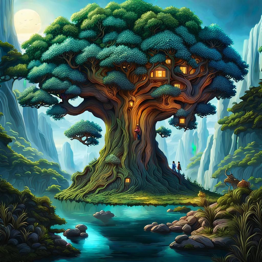 Fantasy Tree in Utopian Landscape: Detailed Matte Painting