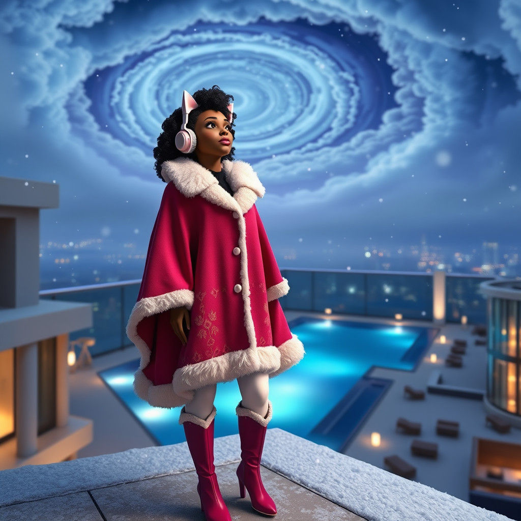 Woman Gazing at Snowfall in Pixar-Inspired 3D Art