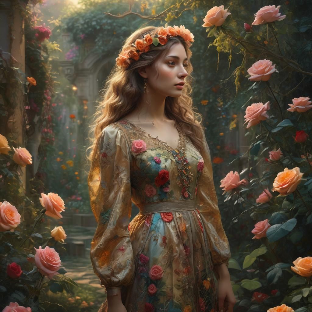 Rose Girl in Lush Garden, Oil Painting