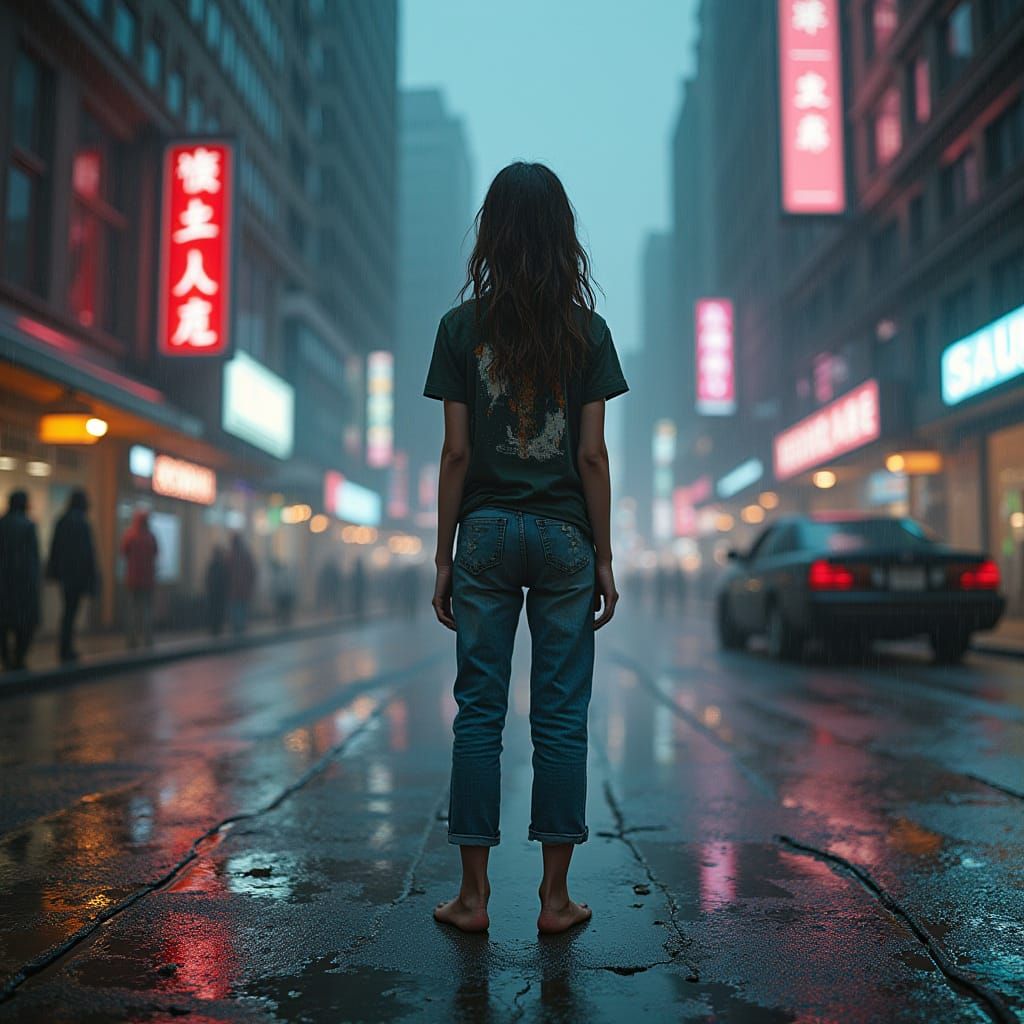 Teenage Girl Stands on Rain-Soaked City Street Amidst Neon L...