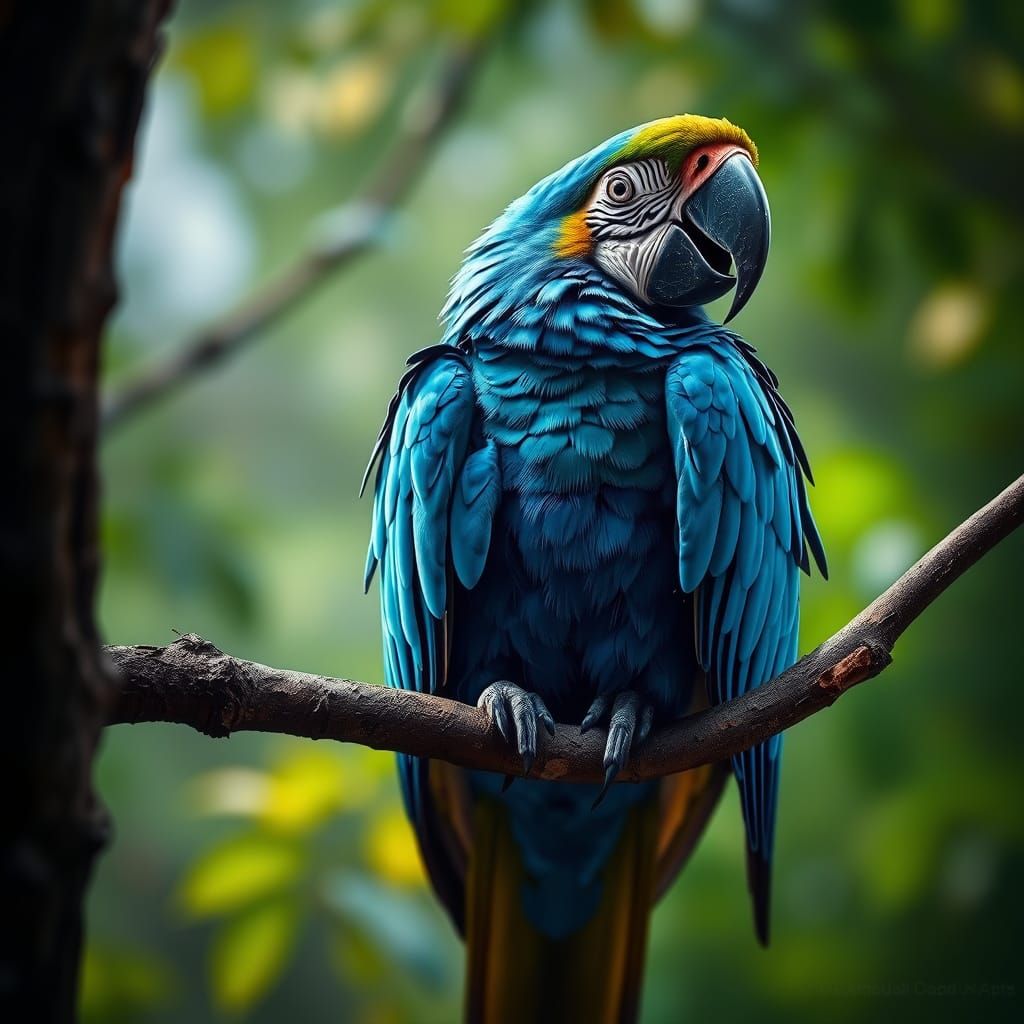 Hyperrealistic Blue Macaw in Vibrant Tropical Surroundings