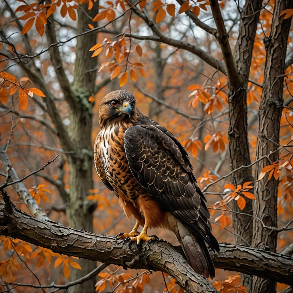 Hawk Perched on Branch in Autumn Forest