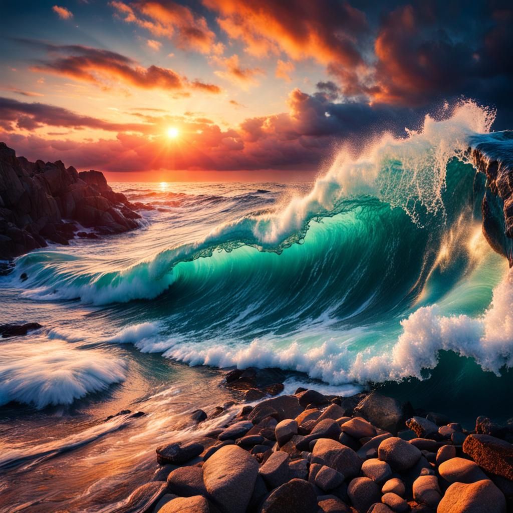 Ocean Wave at Sunset