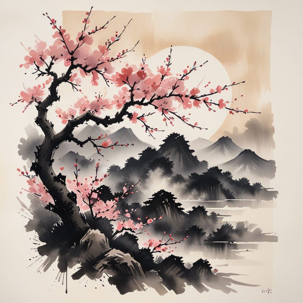 Japanese Cherry Blossoms Under Vibrant Rising Sun