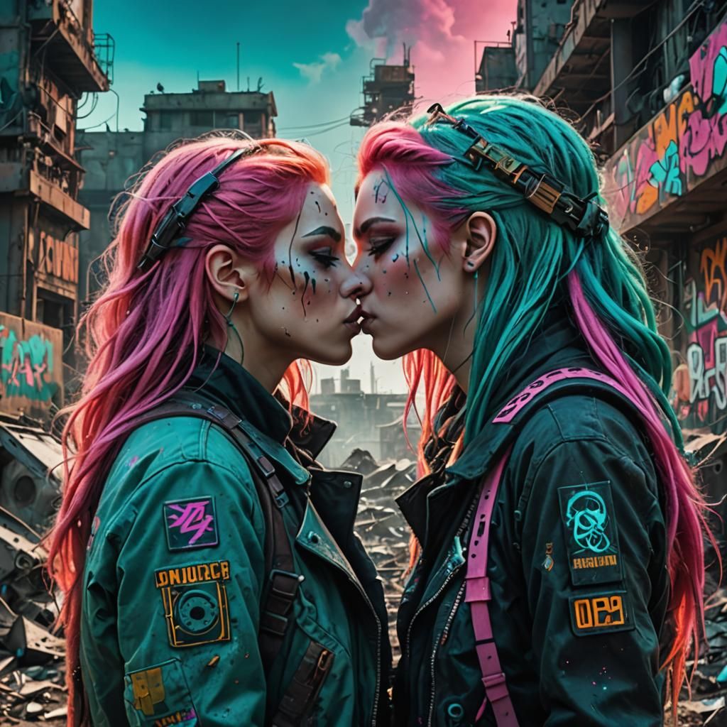Cyberpunk Kiss in Post-Apocalyptic Wasteland