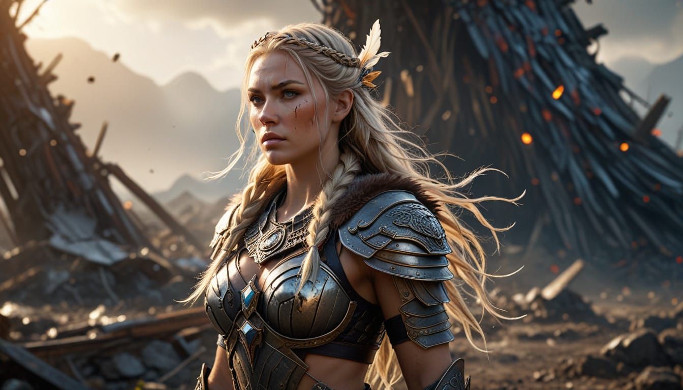 Valkyrie Warrior Stands Defiant in Battlefield Wreckage